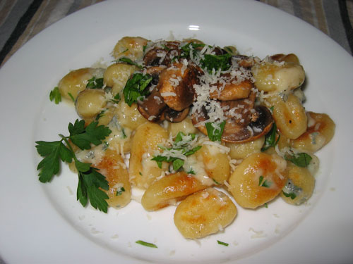 Gorgonzola Sauce on Gnocchi topped with Fried Mushrooms