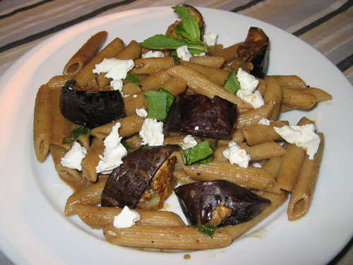 Penne with Oven Roasted Eggplant, Goats Cheese and Mint
