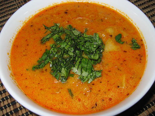 Pumpkin and Chorizo Soup with Cilantro