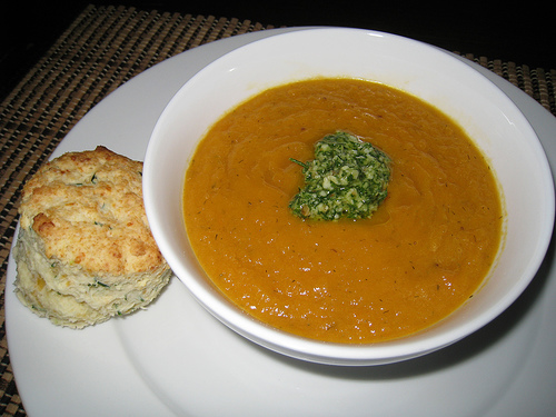 Carrot Soup with Dill Pesto and Sour Cream and Chive Biscuits