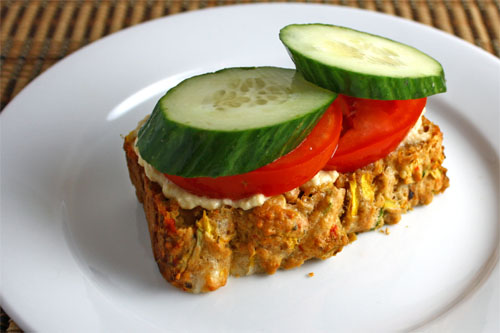 Zucchini Bread with Roasted Red Peppers and Feta with Hummus, Tomatoes and Cucumbers