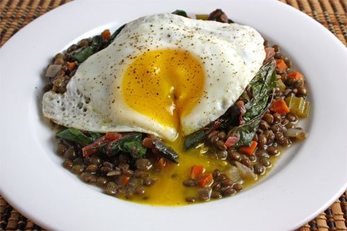 Fried Egg on Lentils and Greens
