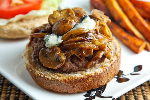 Burgers Smothered in a Caramelized Onion, Mushroom and Blue Cheese Sauce