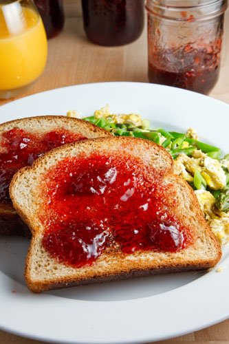 Toast with Strawberry Balsamic Jam and Scrambled Eggs with Asparagus