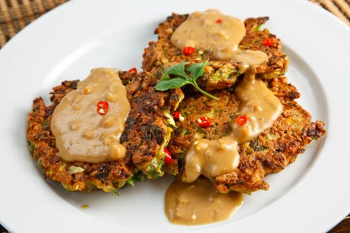 Thai Curried Zucchini Fritters with Spicy Peanut Sauce