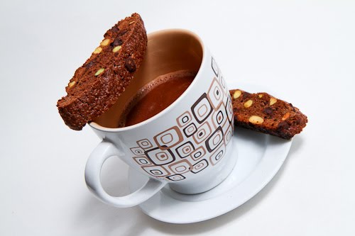 Chocolate and Pistachio Biscotti with Hot Chocolate