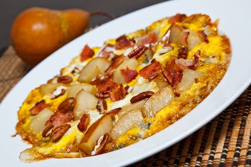 Caramelized Pear and Gorgonzola Omelette with Bacon and Pecans