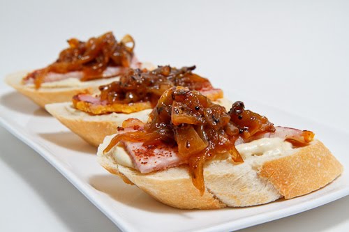 Peameal Bacon and Onion Chutney Crostini