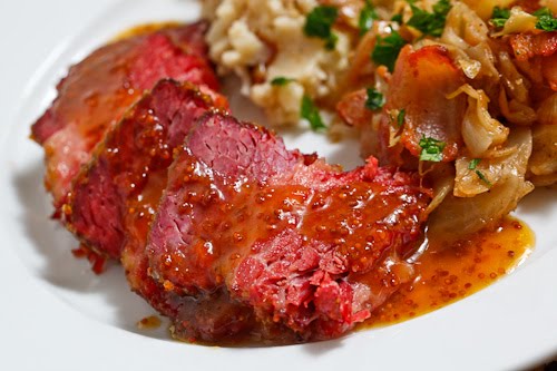 Apricot Glazed Corned Beef with Sauteed Cabbage and Colcannon