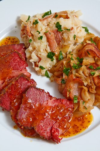 Apricot Glazed Corned Beef with Colcannon and Sauteed Cabbage
