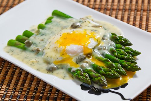 Asparagus with a Poached Egg in a Dill and Caper Avgolemono Sauce