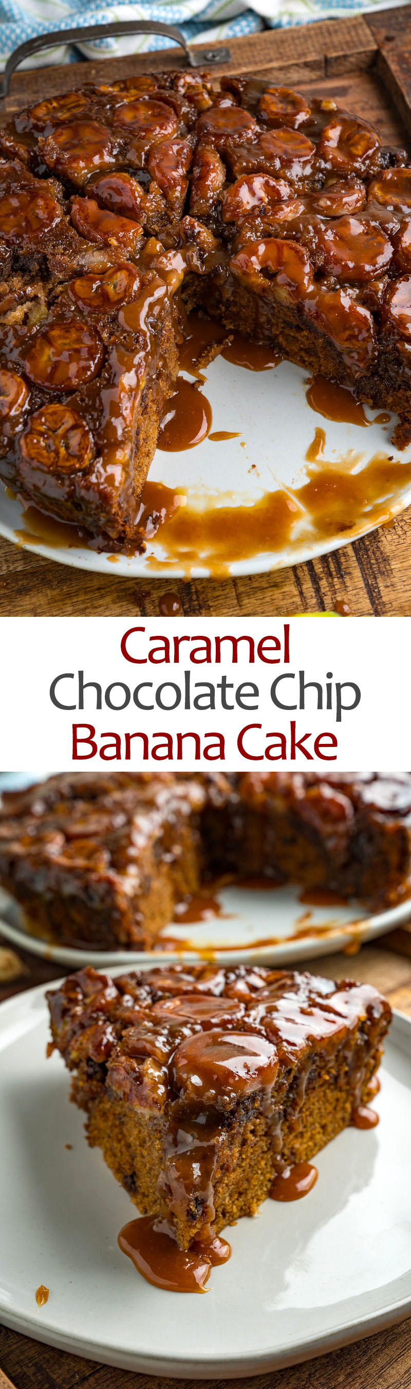 Caramel Banana Upside Down Cake with Chocolate Chips
