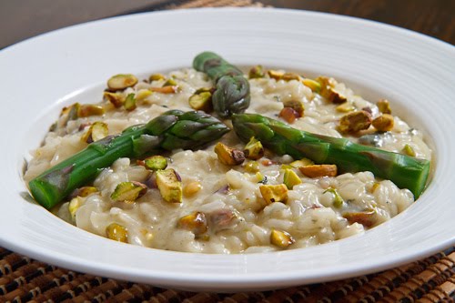 Pistachio and Gorgonzola Risotto with Asparagus