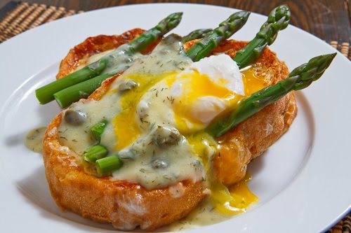 Parmigiano Reggiano Savoury French Toast with Asparagus and a Poached Egg Smothered in a Dill and Caper Avgolemono Sauce