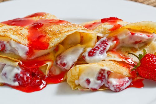 Strawberry and Mascarpone Crepes with Strawberry Syrup