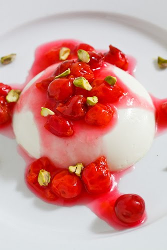 Mastic Greek Yogurt Panna Cotta with a Sour Cherry Sauce