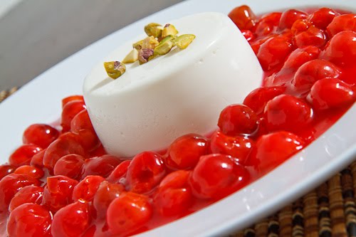 Mastic Greek Yogurt Panna Cotta with a Sour Cherry Sauce