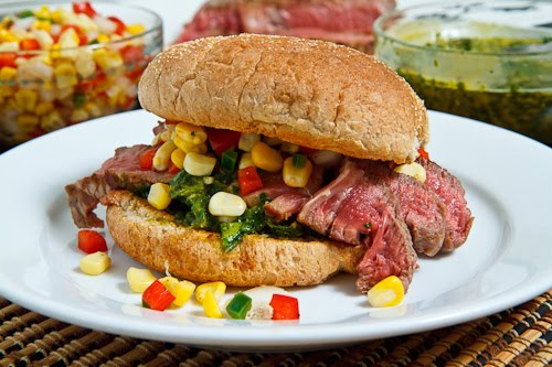 Chimichurri Steak Sandwiches with Roasted Corn and Red Pepper Salsa