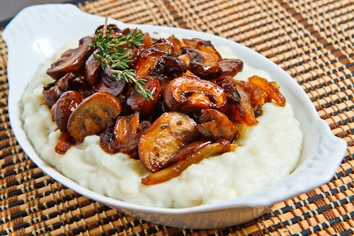 Blue Cheese Mashed Potatoes topped with Caramelized Onions and Mushrooms