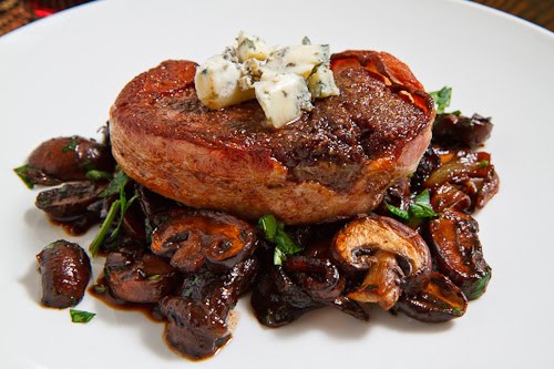 Double Smoked Bacon Wrapped Filet Mignon with Caramelized Mushrooms
