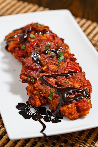 Roasted Red Pepper and Feta Fritters drizzled with Balsamic Syrup