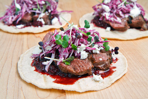 Duck Tacos with Chipotle Cherry Salsa and Crumbled Goat Cheese