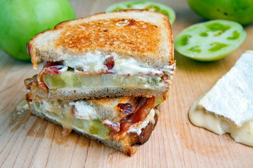 Grilled Brie and Goat Cheese Sandwich with Bacon and Green Tomato