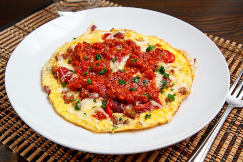 Italian Sausage and Roasted Red Pepper Omelette Topped with Marinara Sauce