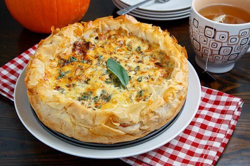 Roasted Pumpkin Quiche with Caramelized Onions, Gorgonzola and Sage