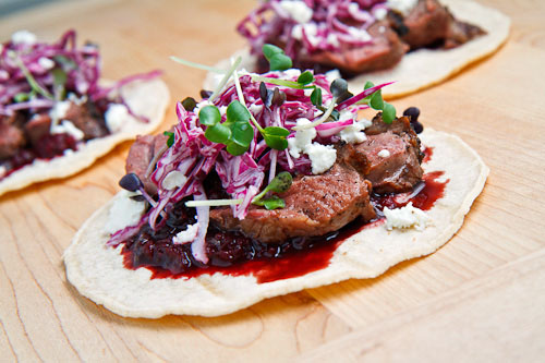 Duck Tacos with Chipotle Cherry Salsa and Crumbled Goat Cheese