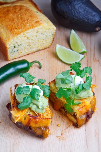 Jalapeno Cornbread Grilled Cheese with Refried Black Beans and Guacamole