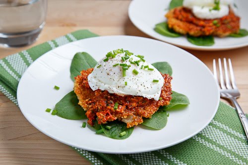 Quinoa Cakes with Roasted Red Pepper and Walnut Pesto, Goat Cheese and a Poached Egg