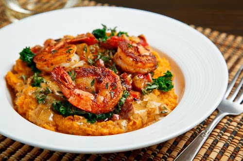 Blackened Shrimp on Kale and Mashed Sweet Potatoes with Andouille Cream