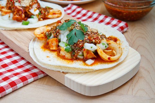 Calamari Tacos with Salsa Naranja