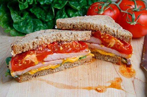 Peameal Bacon and Roasted Tomato Sandwich with Cheddar Cheese and Grainy Honey Mustard