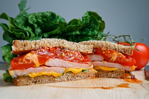 Peameal Bacon and Roasted Tomato Sandwich with Cheddar Cheese and Grainy Honey Mustard