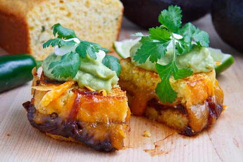 Jalapeno Cornbread Grilled Cheese with Chipotle Caramelized Onions, Refried Black Beans and Guacamole