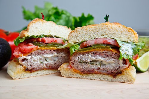 Cheese Covered, Bacon Wrapped Jalapeno Popper Burgers with Roasted Jalapeno Mayonnaise