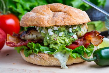 Tequila Lime Grilled Chicken Club Sandwich with Guacamole and Roasted Jalapeno Mayo
