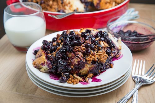 Blueberry Baked French Toast with Amaretti Crumble and Blueberry Maple Syrup