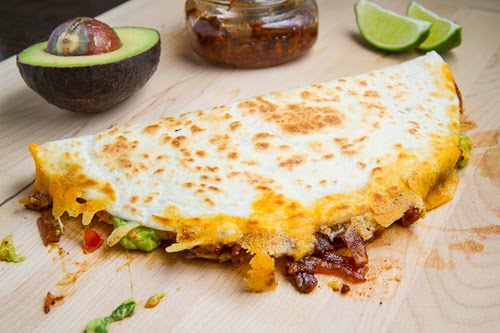Bacon Jam and Guacamole Quesadilla with Fried Egg with Bacon Jam Vinaigrette Drizzle