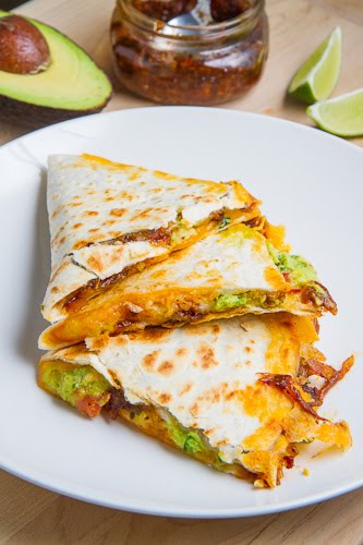 Bacon Jam and Guacamole Quesadilla with Fried Egg with Bacon Jam Vinaigrette Drizzle