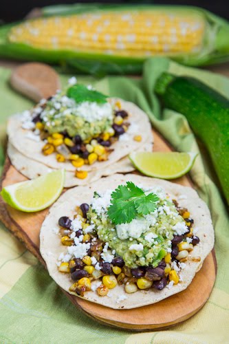 Caramelized Corn and Black Bean Tacos with Roast Zucchini Salsa and Roasted Poblano Crema
