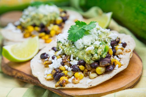 Caramelized Corn and Black Bean Tacos with Roast Zucchini Salsa and Roasted Poblano Crema