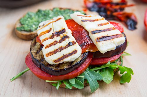 Grilled Eggplant and Red Pepper Sandwich with Halloumi