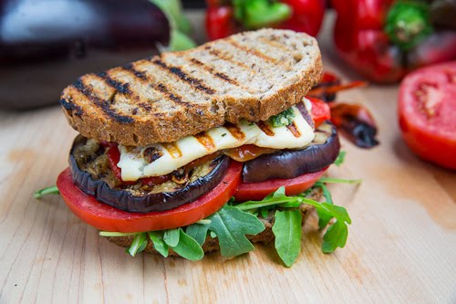 Grilled Eggplant and Red Pepper Sandwich with Halloumi