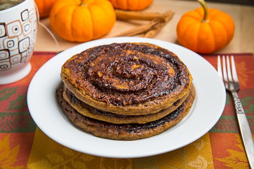 Pumpkin Cinnamon roll Pancakes with Caramel Cream Cheese Frosting