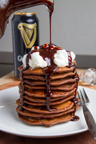 Bacon Guinness Chocolate Pancakes with a Frothy Whipped Cream Head, Guinness Chocolate Syrup