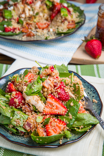 Strawberry BBQ Chicken Spinach and Quinoa Salad with Bacon, Avocado and Goat Cheese