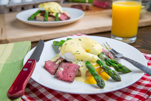 Steak and Eggs Benedict with Asparagus in Bearnaise Sauce